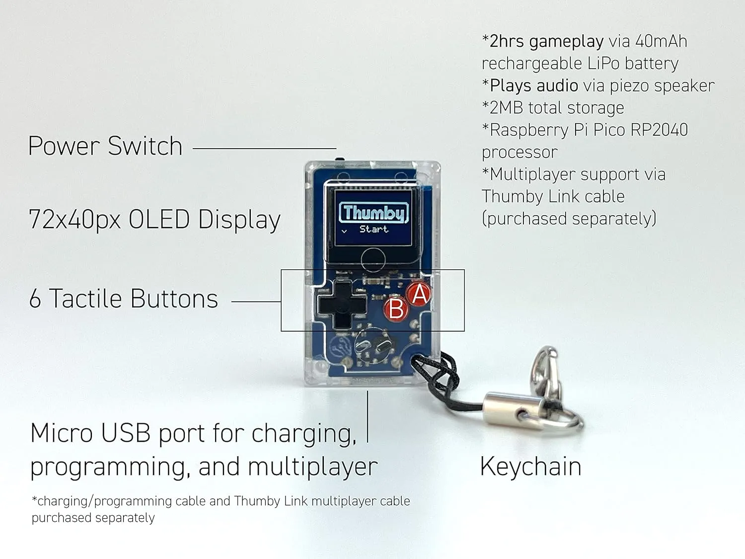 TinyCircuits Thumby (Clear), Tiny Game Console, Playable Programmable Keychain: Electronic Miniature, STEM Learning Tool