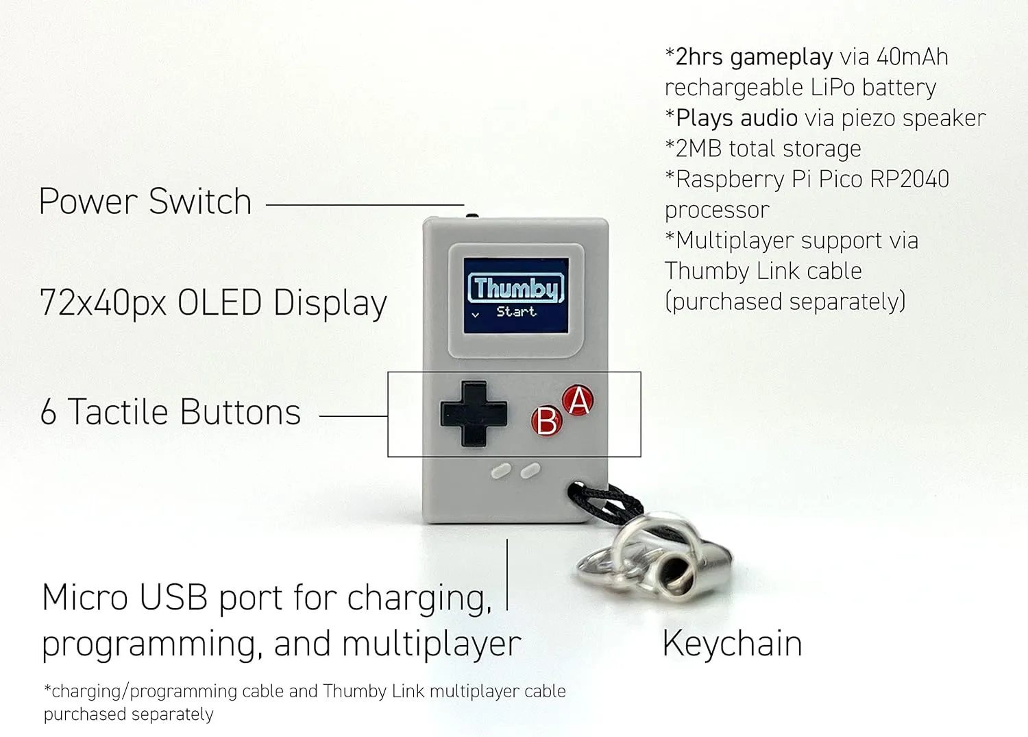 TinyCircuits Thumby (Gray), Tiny Game Console, Playable Programmable Keychain: Electronic Miniature, STEM Learning Tool