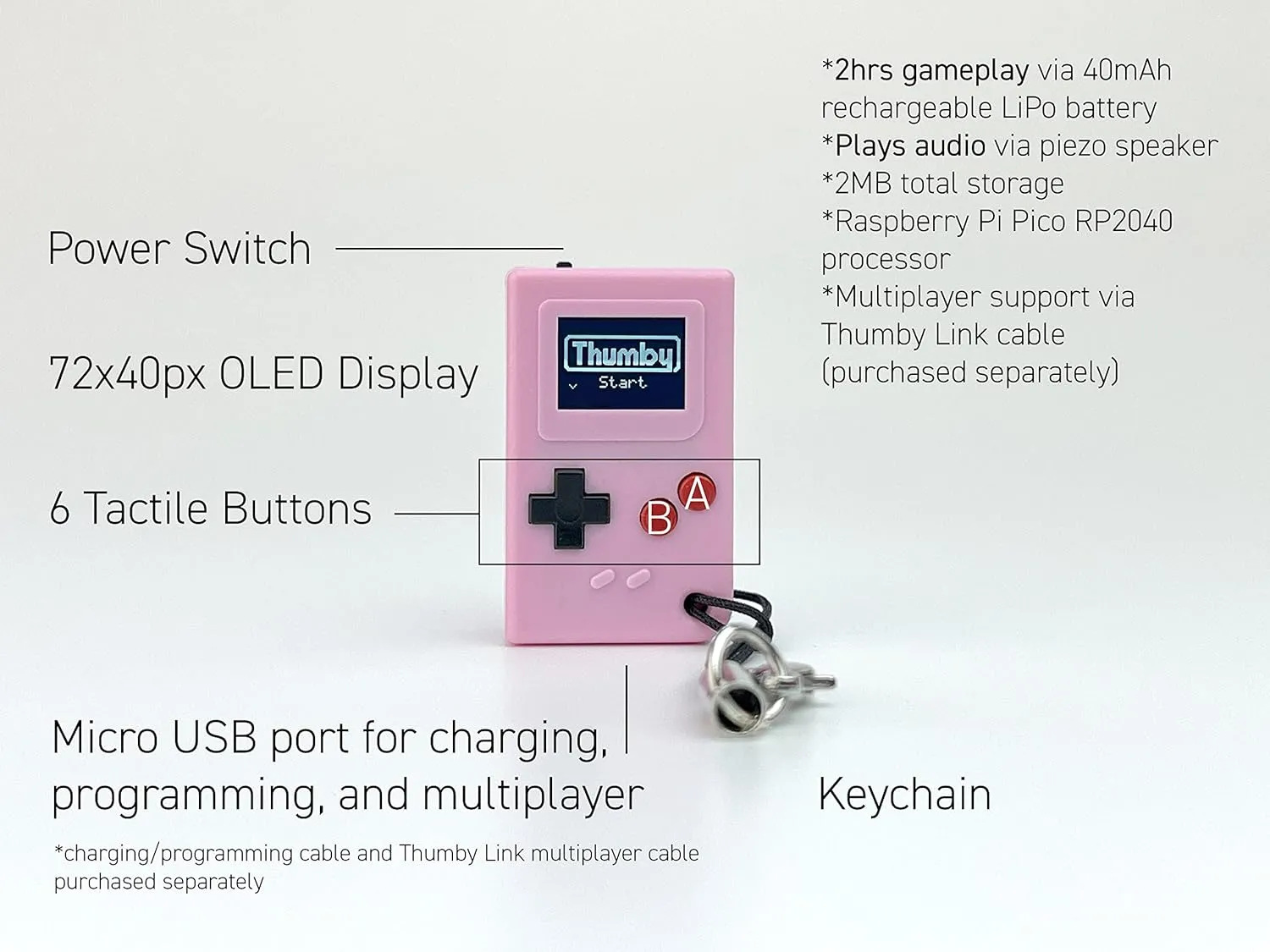 TinyCircuits Thumby (Pink), Tiny Game Console, Playable Programmable Keychain: Electronic Miniature, STEM Learning Tool