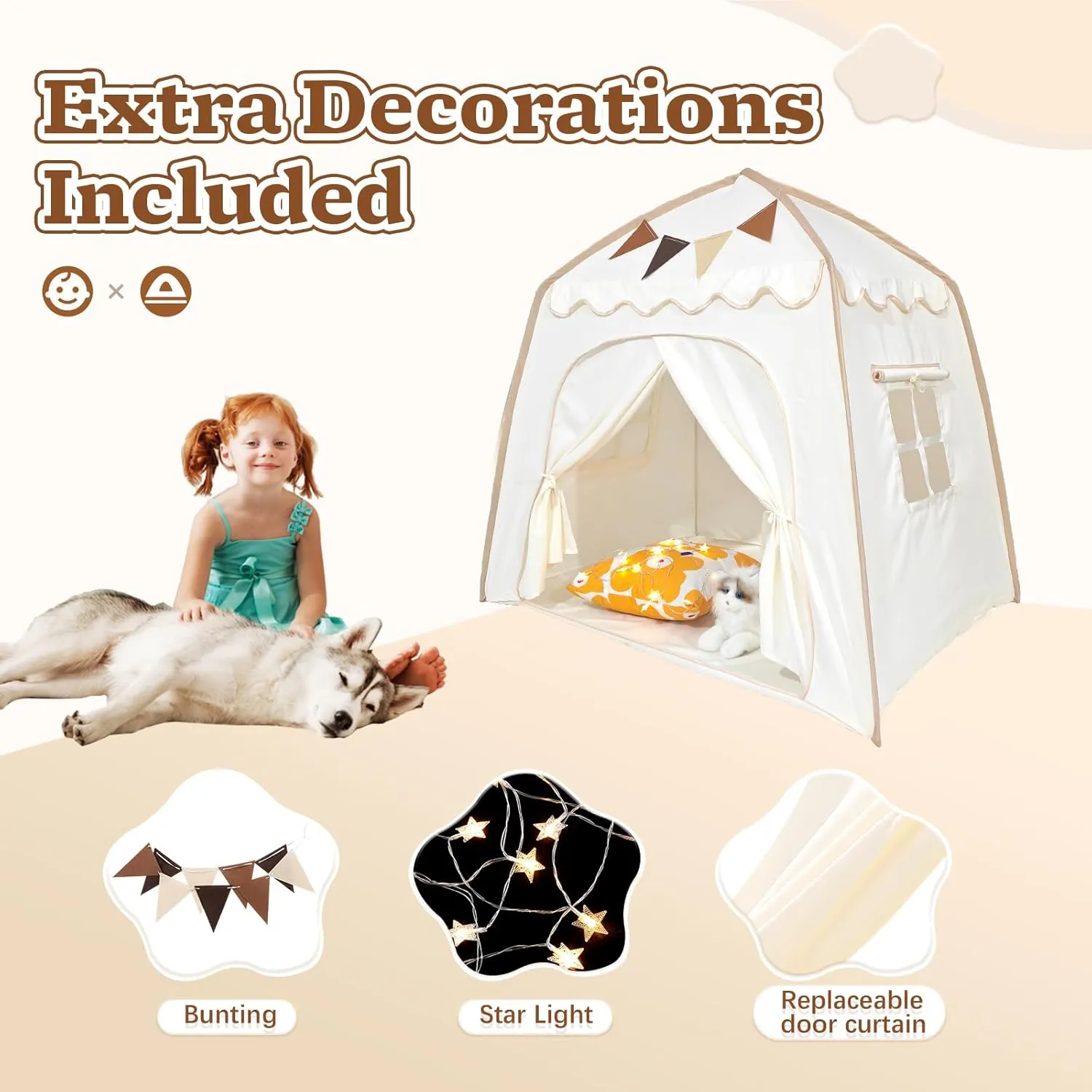 Toddler Bed Tent, Kids Play Tent with Flags, Star String, Portable Bed Canopy for Boys & Girls, Children, Indoor Outdoor Dome Playhouse, Cream, 51" x 39" x 51"