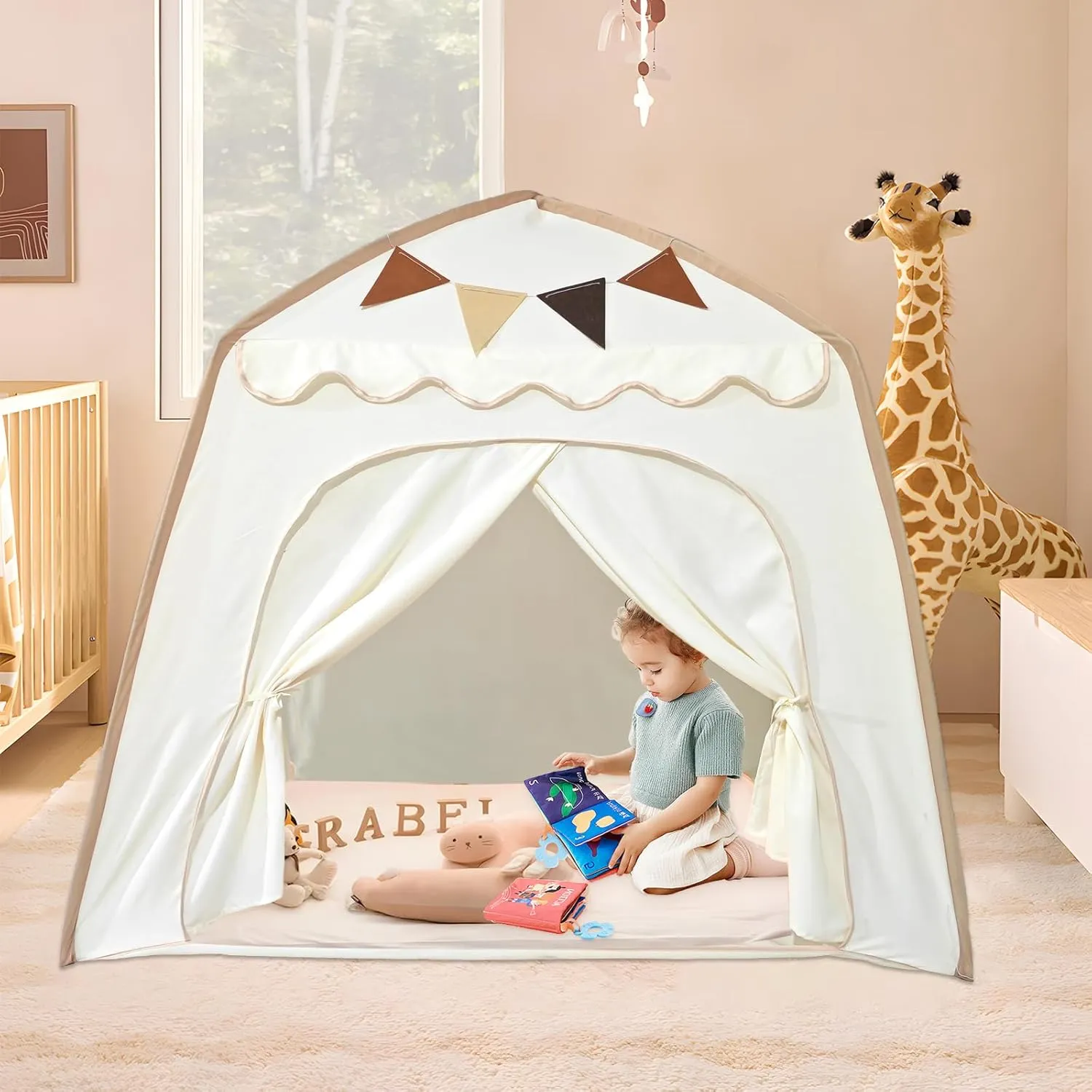 Toddler Bed Tent, Kids Play Tent with Flags, Star String, Portable Bed Canopy for Boys & Girls, Children, Indoor Outdoor Dome Playhouse, Cream, 51" x 39" x 51"