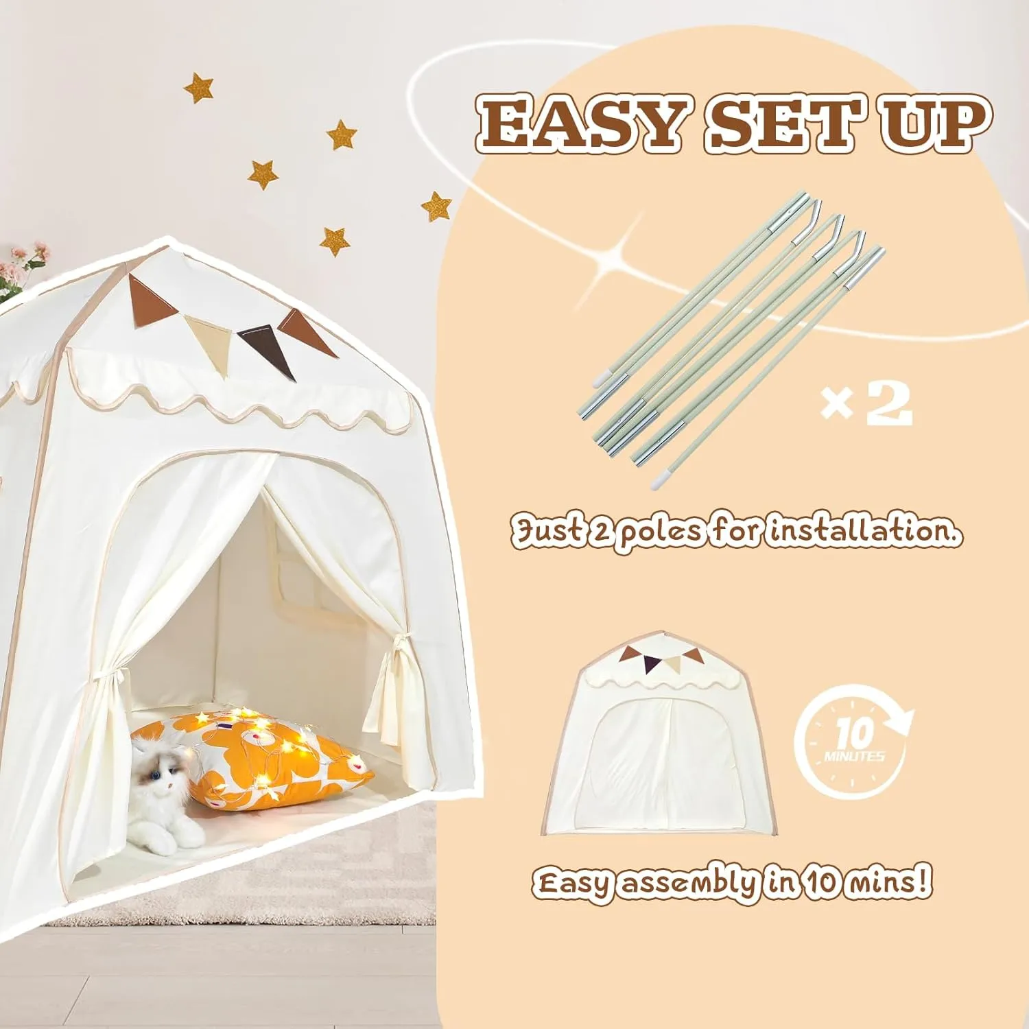 Toddler Bed Tent, Kids Play Tent with Flags, Star String, Portable Bed Canopy for Boys & Girls, Children, Indoor Outdoor Dome Playhouse, Cream, 51" x 39" x 51"