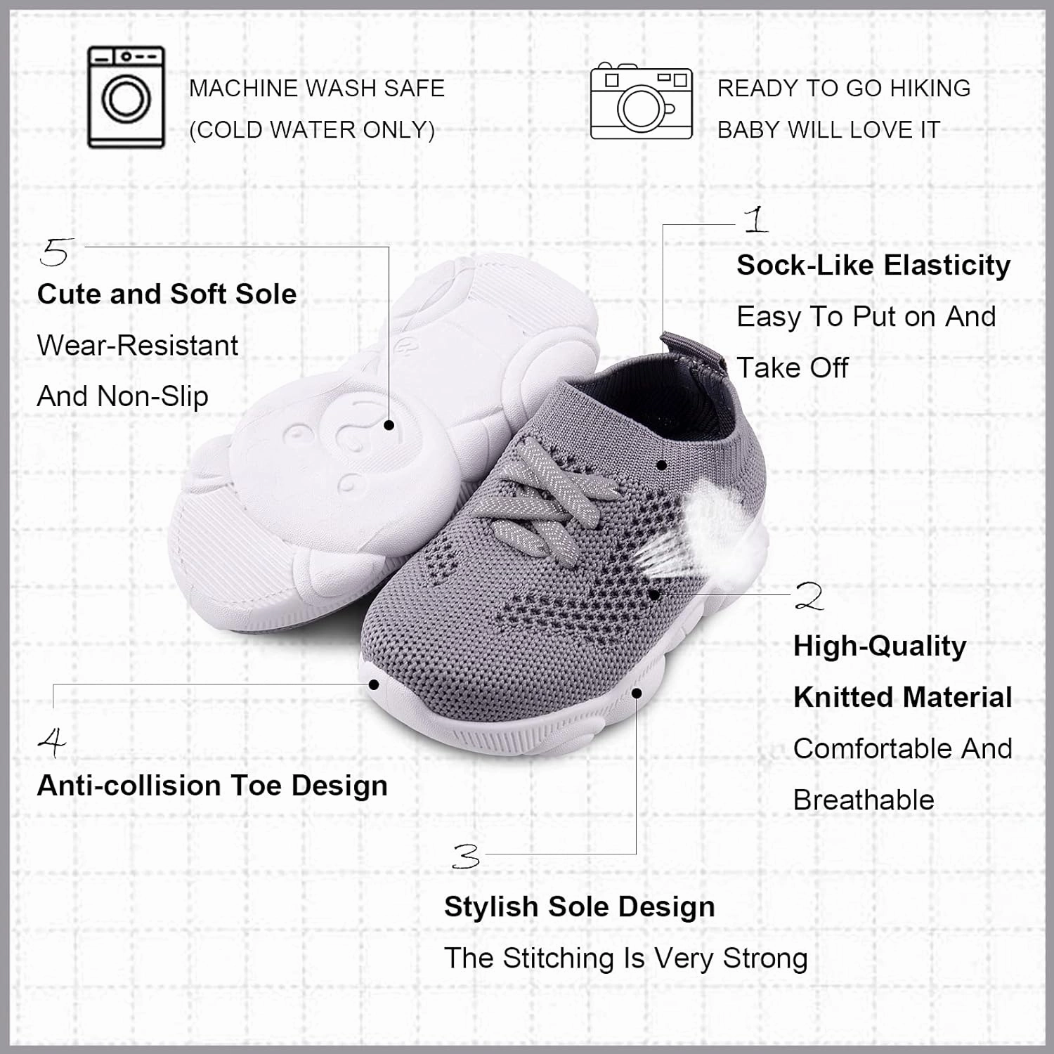 Toddler Baby Girls Boys Tennis White Walking Barefoot Slip on Shoes 18-24 Months Size 5 Wide Toe Box Summer Soft Sole Flexible Dinosaur Cheer Shoes Breathable Outdoor Soccer Rubber Sneakers