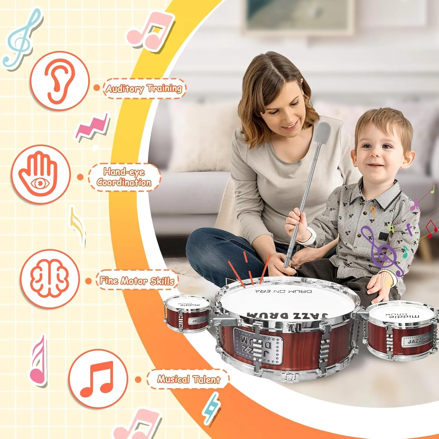 Toy Drum Set for Toddlers, Musical Toy Drum Set with 3 Drums & Stools Musical Instruments for Kids Jazz Drum Toys for Boys Girls Birthday for 3 4 5 Year Old