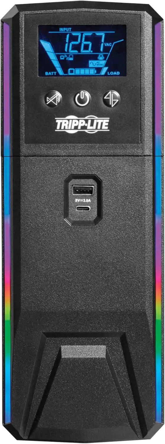 Tripp Lite Pure Sine Wave Gaming UPS Battery Backup, 1500VA 900W 120V, Detachable LCD, Automatic Voltage Regulation, USB, RGB LED Lights, 3-Year Warranty & $250K Insurance (SMART1500PSGLCD)