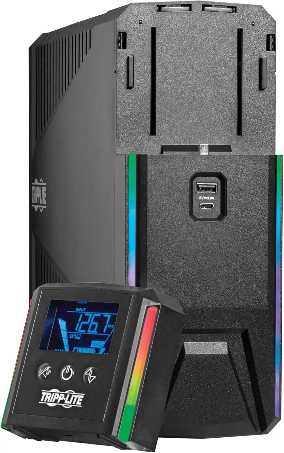 Tripp Lite Pure Sine Wave Gaming UPS Battery Backup, 1500VA 900W 120V, Detachable LCD, Automatic Voltage Regulation, USB, RGB LED Lights, 3-Year Warranty & $250K Insurance (SMART1500PSGLCD)