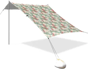 Tropical Flowers Foldable Beach Canopy UPF50  Easy Setup Large Sun Shelter Includes Sand Shovel, Sandbags, Stability Poles for Camping, Picnics, Backyard