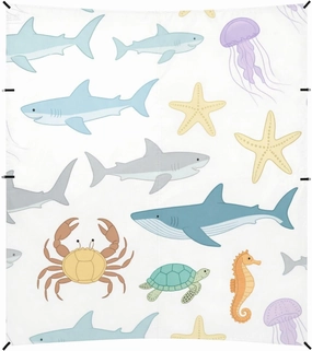 Under Ocean Animal Shark Crab Colorful White Stable Beach Tent UPF50 Lightweight Large Sun Shade with Sand Pockets for Family Trips, Picnics & Camping