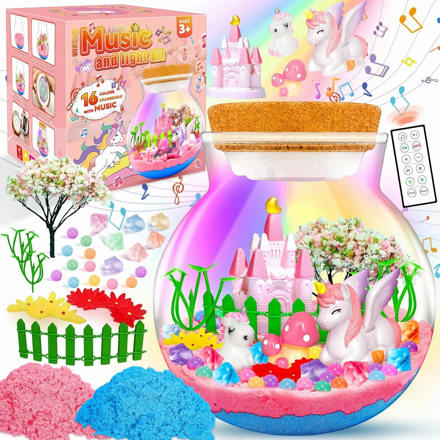 Uni-Corn Toys with Music Boxes, for Girls Ages 4 5 6 7 8 9 10 Years Old, Uni-Corns Terrarium Kit with Music LED Lights Up & Remote Control