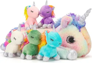 Unicorn Stuffed Animal Set – 1 Large Mommy Unicorn with 5 Baby Plush Toys Inside, Zipper Belly Storage, Colorful Rainbow Plush for Girls, Kids Birthday Gift, Toddler Toy, Cuddly and Soft