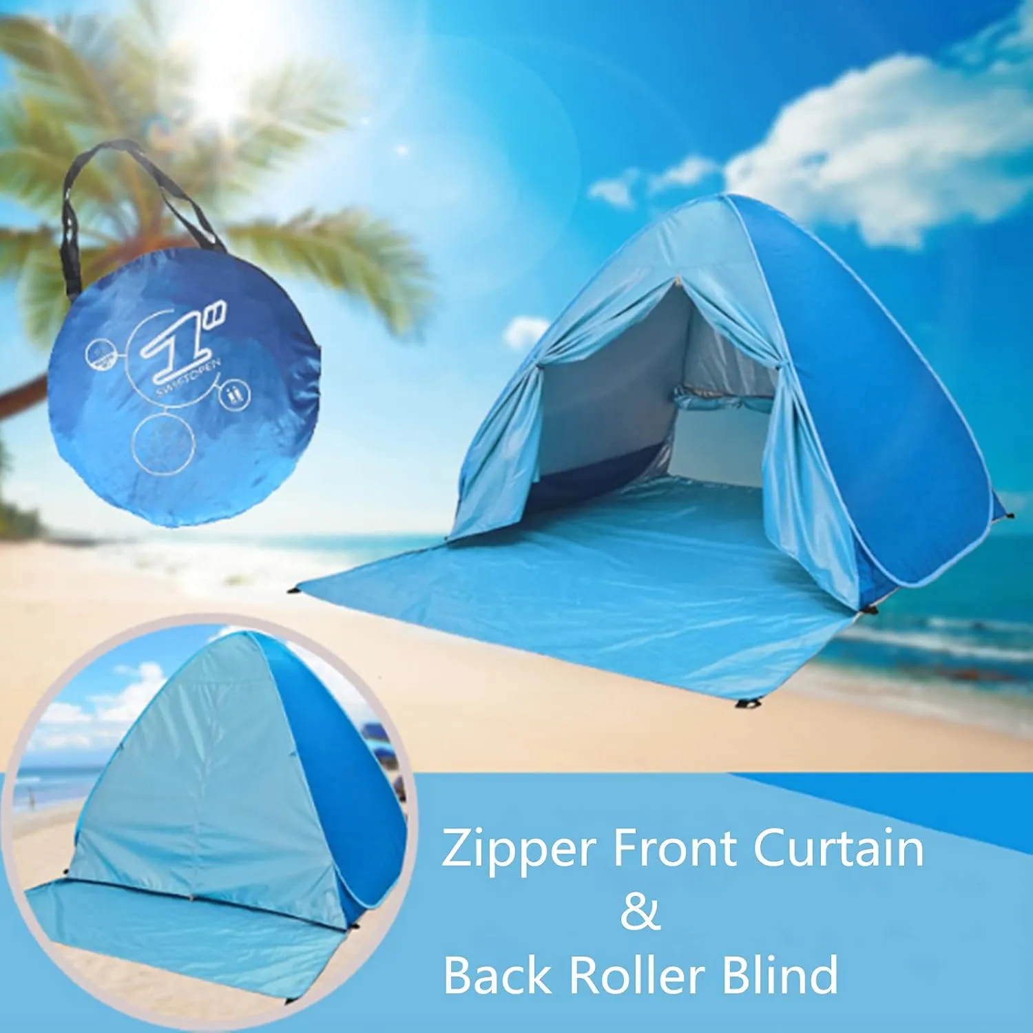 UV-Protection Pop-Up Beach Tent Portable Foldable Quick Set-Up Sun Shelter Cover with Zipper Door