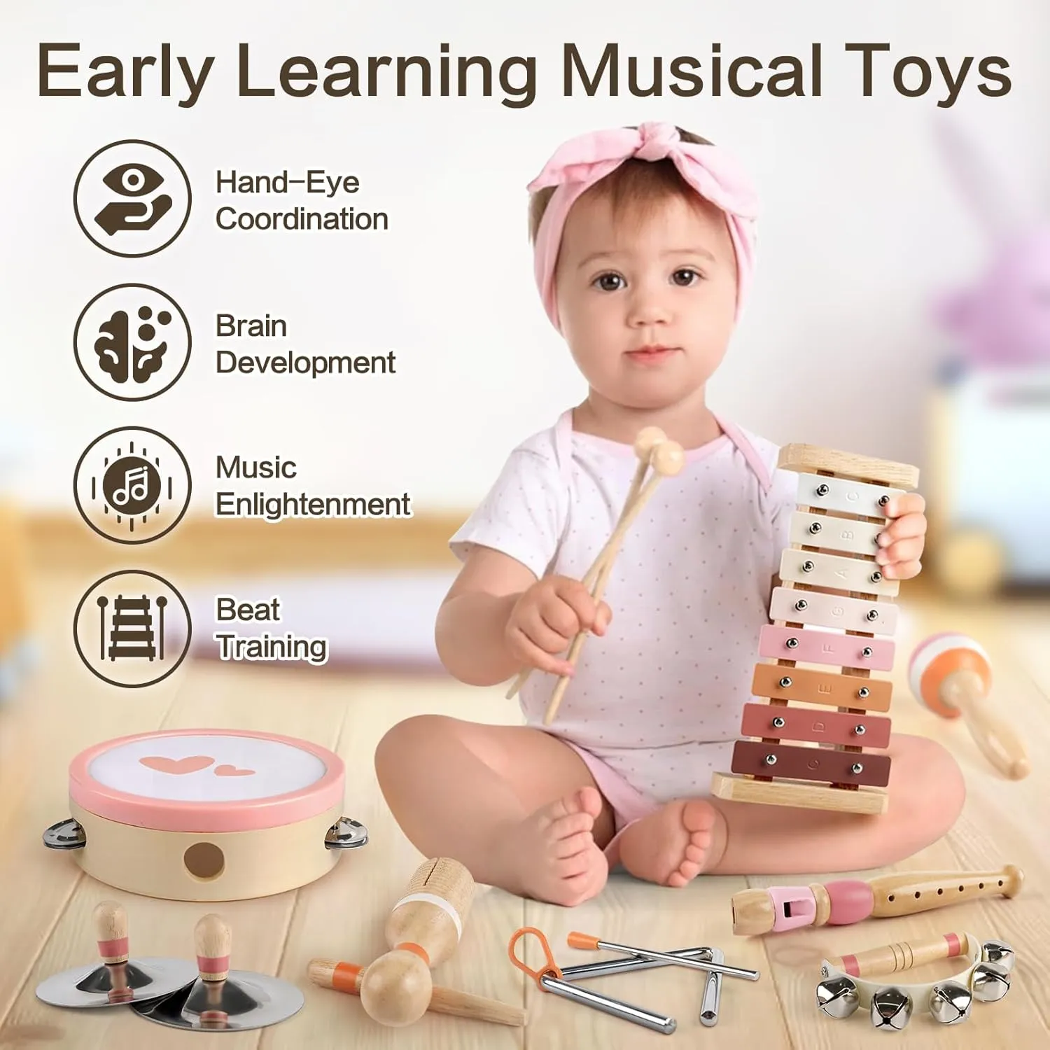 Vanplay Musical Toy for Toddlers 1-3, One 1st Birthday Gifts for Girl 1-2, Wooden Montessori Toy for 2 3 Year Old, Musical Instruments with Xylophone/Drum for Baby Preschool Educational 18  Months