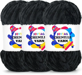 Velvet Chenille Yarn for Crocheting & Knitting - Soft, Thick, Bulky Black Yarn - 3 x 100g