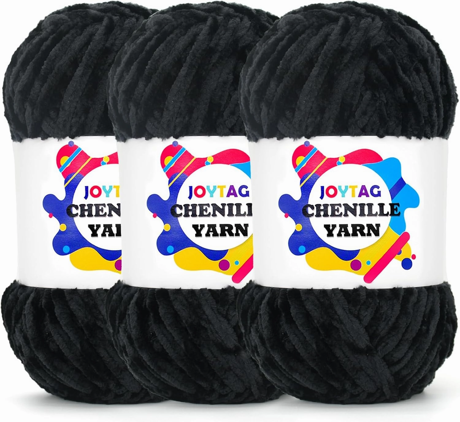 Velvet Chenille Yarn for Crocheting & Knitting - Soft, Thick, Bulky Black Yarn - 3 x 100g