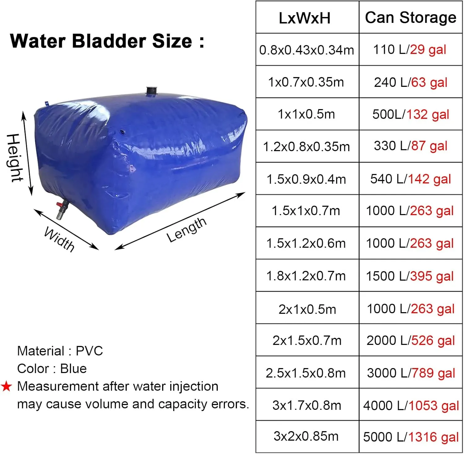 Water Storage Bladder Containers PVC Storage Water Bag for Camper/Tricycle Transport, Foldable Store Water Bladders/Large Capacity Gardening Emergency Water Tank for Home Pasture(2.5x1.5x0.8m/3000 L/7