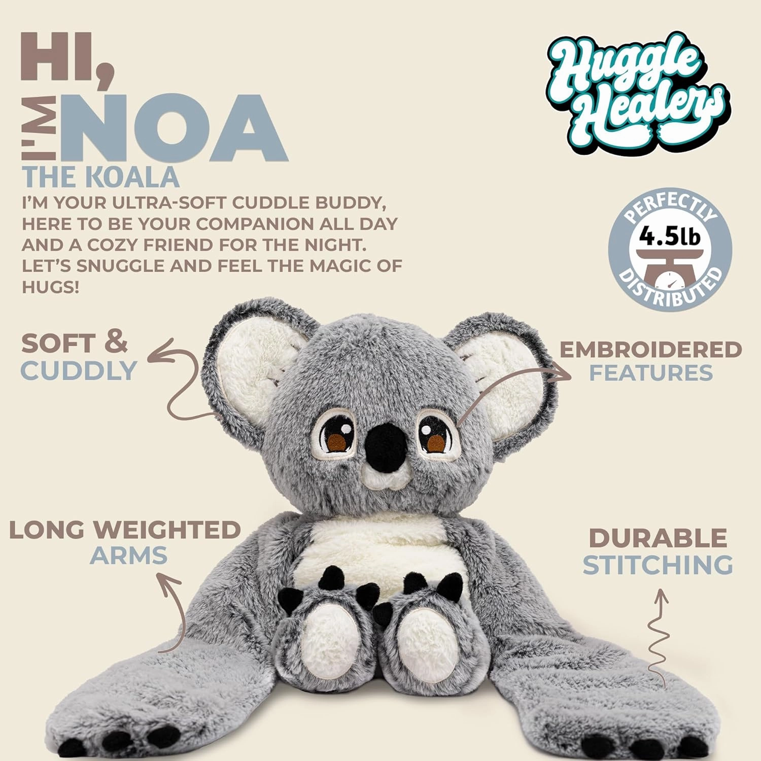 Weighted Stuffed Animals for Adults, Teens and Kids - 40 Inch Long Plush Arms for Hugs - 4.5lb Koala Stuffed Animal Plushies - Noa Koala