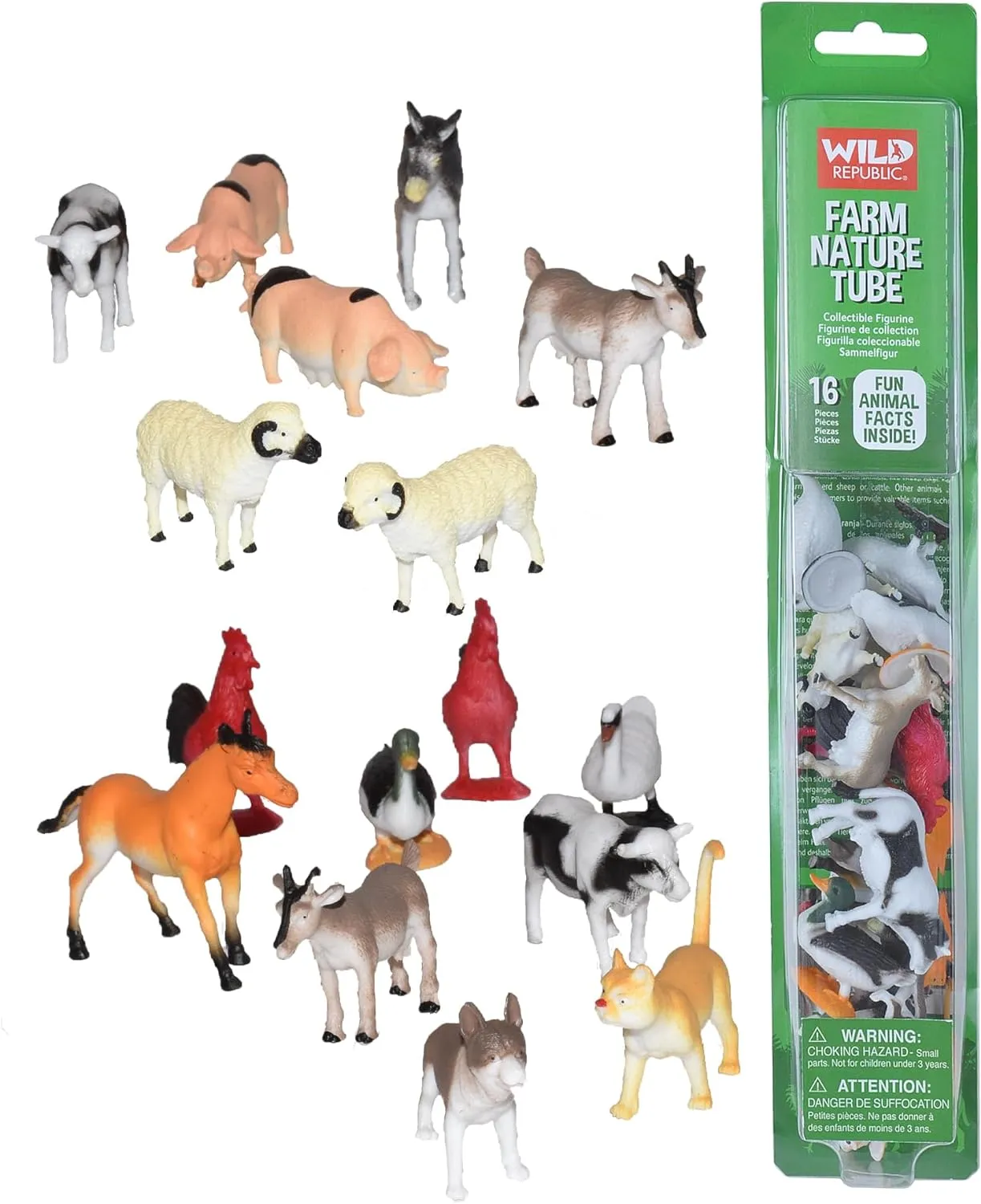 Wild Republic Farm Figurines Tube, Horse, Cow, Donkey, Duck, Sheep, Chicken, Rooster, Pig, Dog, Cat, Goat, 16 Piece playset, 1.5" to 3", Model:12883