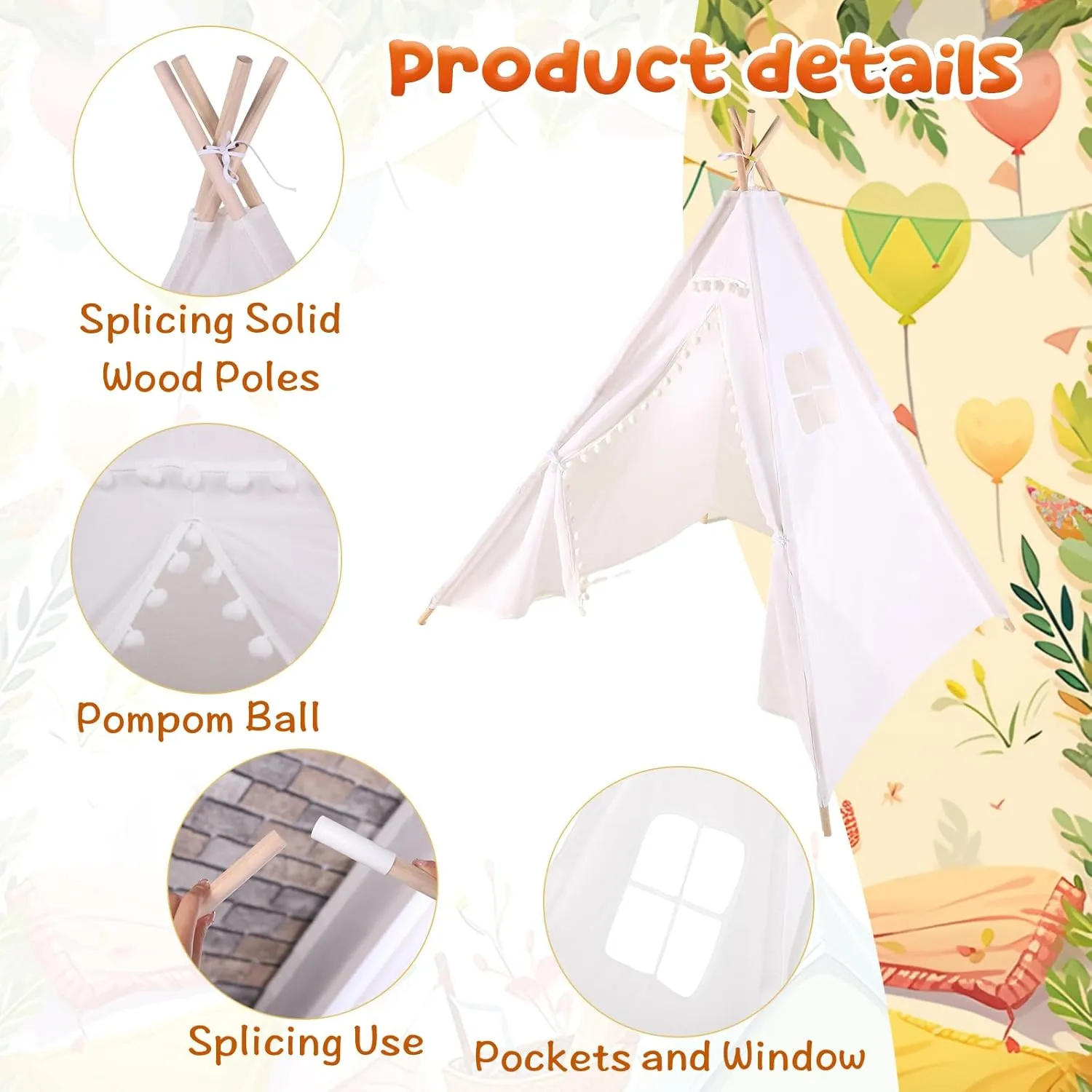 Windyun 6 Pcs Kids Teepee Tent Foldable Washable Indoor Outdoor for Boys Girls Toddler Boho Sleepovers Birthday Pajama Party Spa Supplies(71 Inch,Beige)