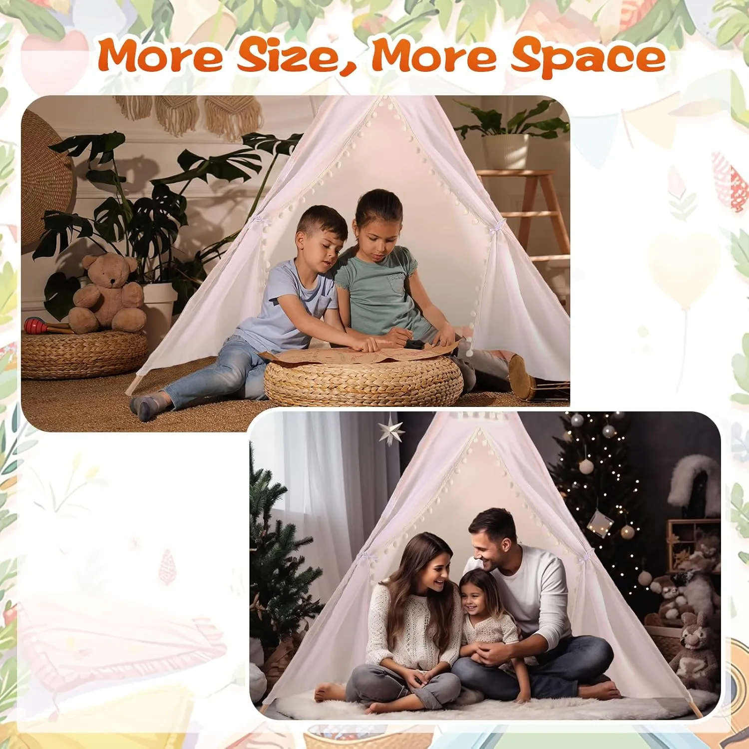 Windyun 6 Pcs Kids Teepee Tent Foldable Washable Indoor Outdoor for Boys Girls Toddler Boho Sleepovers Birthday Pajama Party Spa Supplies(71 Inch,Beige)