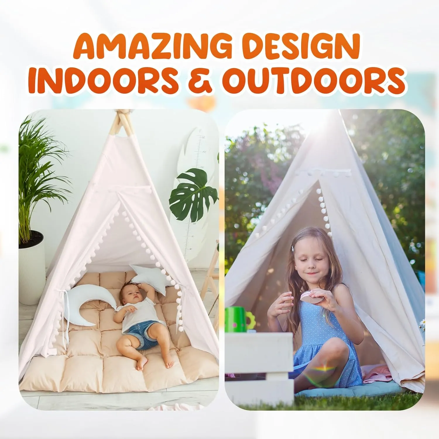 Windyun 6 Pcs Kids Teepee Tent Foldable Washable Indoor Outdoor for Boys Girls Toddler Boho Sleepovers Birthday Pajama Party Spa Supplies(71 Inch,Beige)