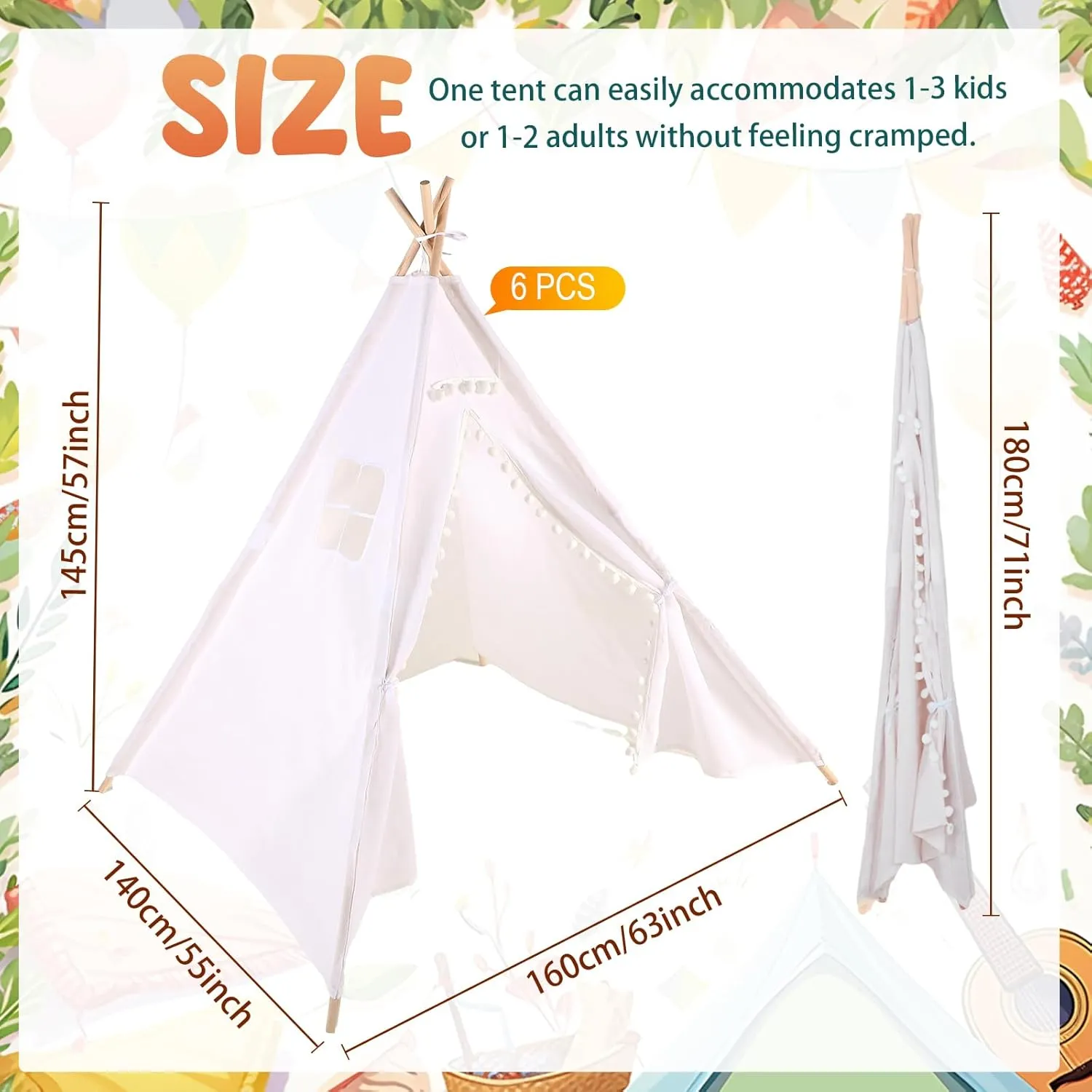 Windyun 6 Pcs Kids Teepee Tent Foldable Washable Indoor Outdoor for Boys Girls Toddler Boho Sleepovers Birthday Pajama Party Spa Supplies(71 Inch,Beige)