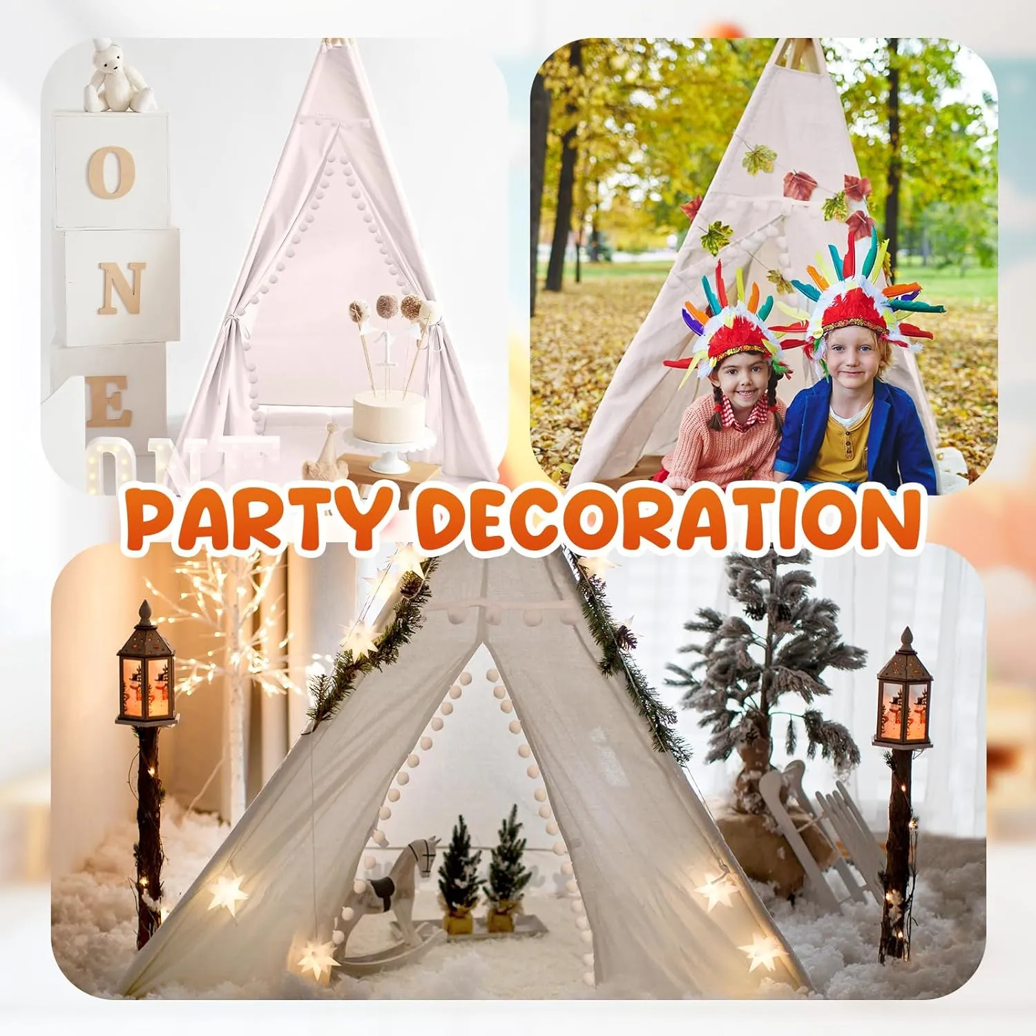 Windyun 6 Pcs Kids Teepee Tent Foldable Washable Indoor Outdoor for Boys Girls Toddler Boho Sleepovers Birthday Pajama Party Spa Supplies(71 Inch,Beige)