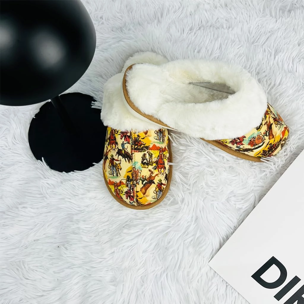 Winter Plush Slippers for Women– Leopard, Western Cowboy, Cow Print Designs – Warm Plush Lining, Durable Rubber Sole Indoor Outdoor