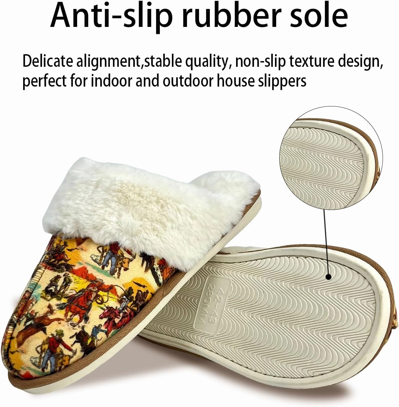 Winter Plush Slippers for Women– Leopard, Western Cowboy, Cow Print Designs – Warm Plush Lining, Durable Rubber Sole Indoor Outdoor