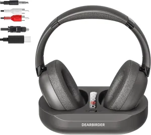 Wireless TV Headphones with Dual Mode 2.4G RF and Bluetooth 5.3, Wireless Over Ear Headphone for TV Watching with Transmitter Base, No Audio Delay, Volume Enhancement Plug and Play for Seniors, Black