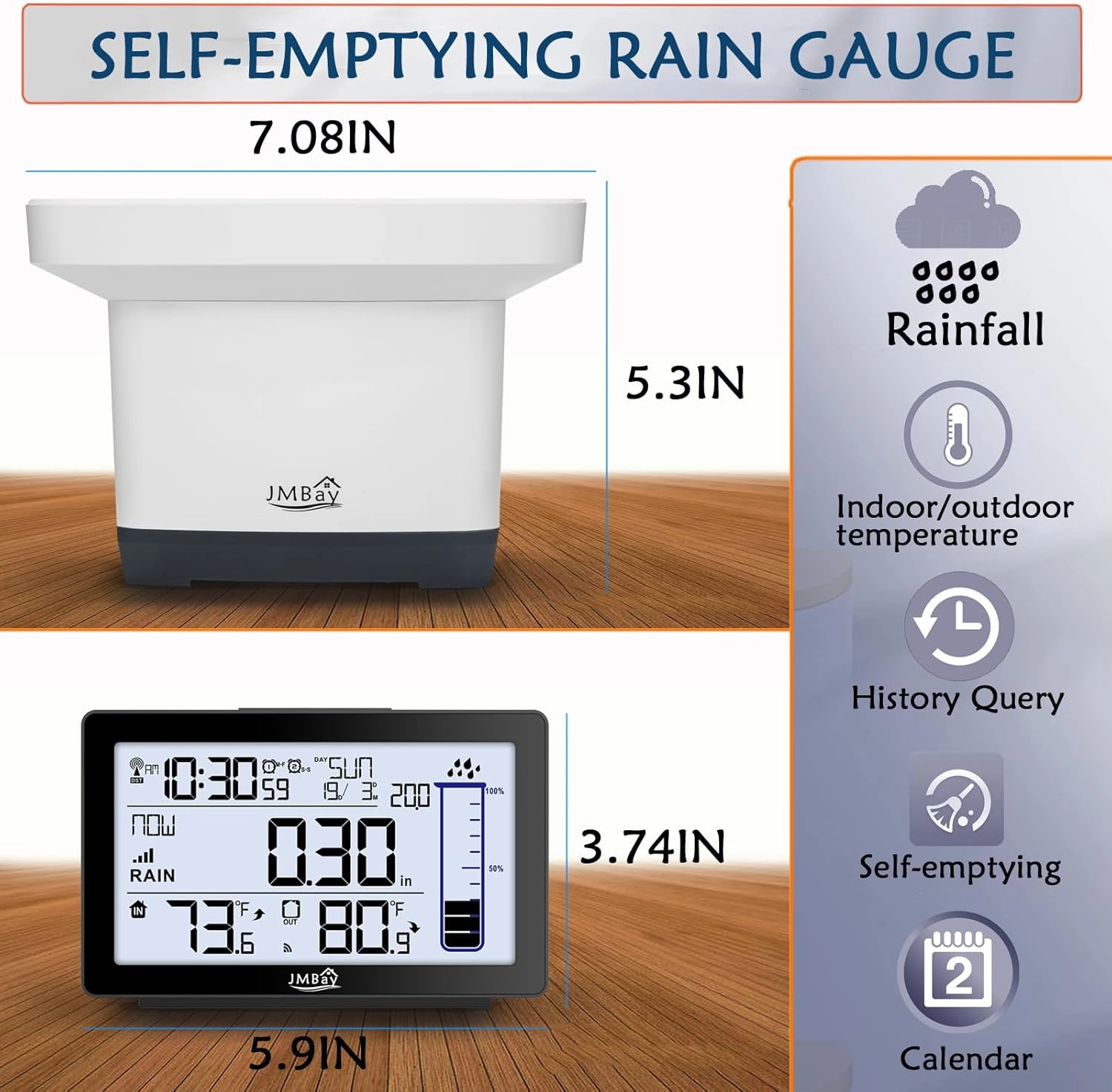 Wireless Digital Rain Gauge with Thermometer, Self-Emptying Rain Collector Monitoring Rainfall,High Precision Remote Rain Gauge Outdoor Indoor for Garden and Yard,Freeze Proof Rain Measure Gauge