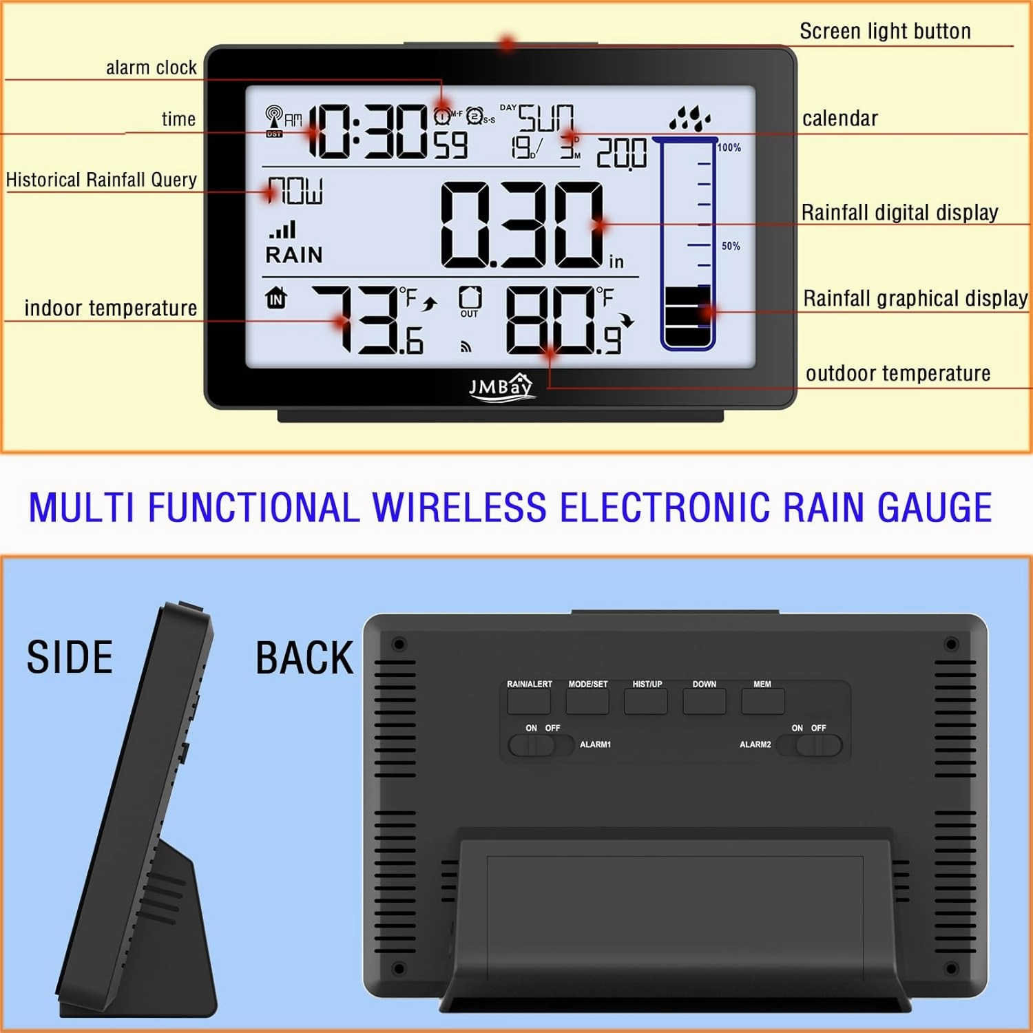 Wireless Digital Rain Gauge with Thermometer, Self-Emptying Rain Collector Monitoring Rainfall,High Precision Remote Rain Gauge Outdoor Indoor for Garden and Yard,Freeze Proof Rain Measure Gauge