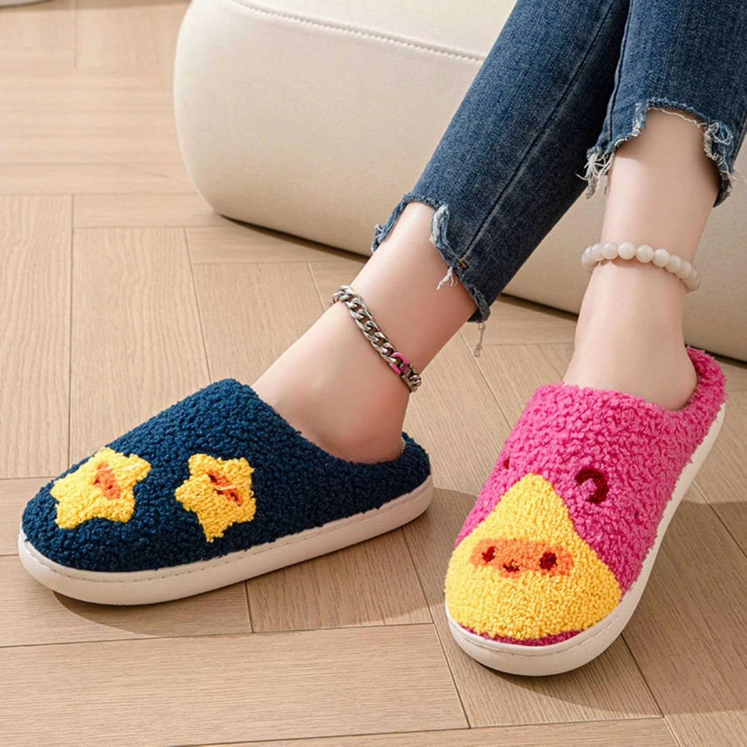 Women's Plush Heart Love Slippers - Blue Eyes Mushroom Cat Ears Retro Memory Foam Soft Plush Home Shoes