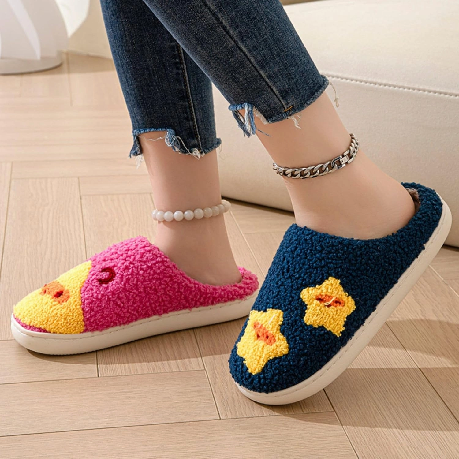 Women's Plush Heart Love Slippers - Blue Eyes Mushroom Cat Ears Retro Memory Foam Soft Plush Home Shoes