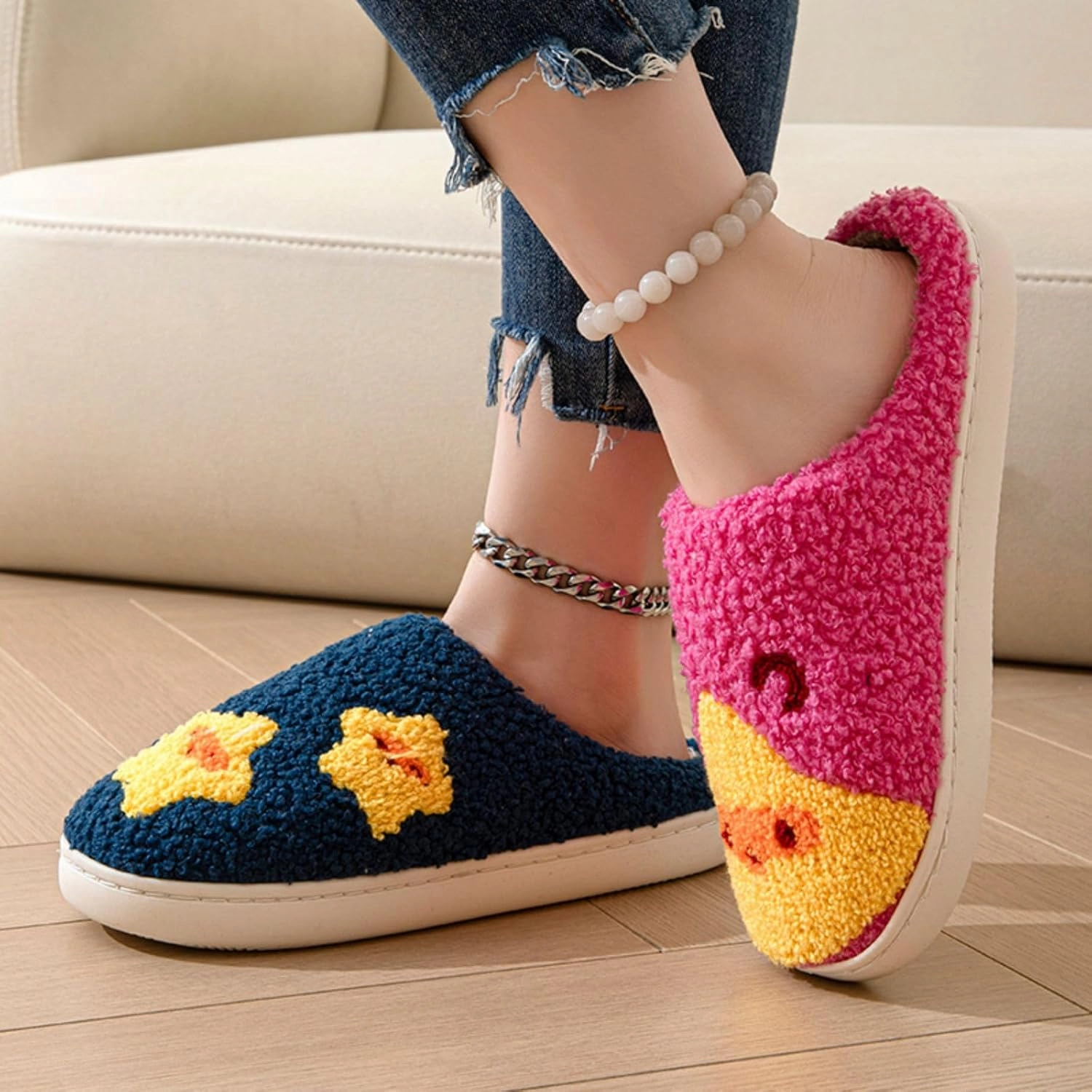 Women's Plush Heart Love Slippers - Blue Eyes Mushroom Cat Ears Retro Memory Foam Soft Plush Home Shoes