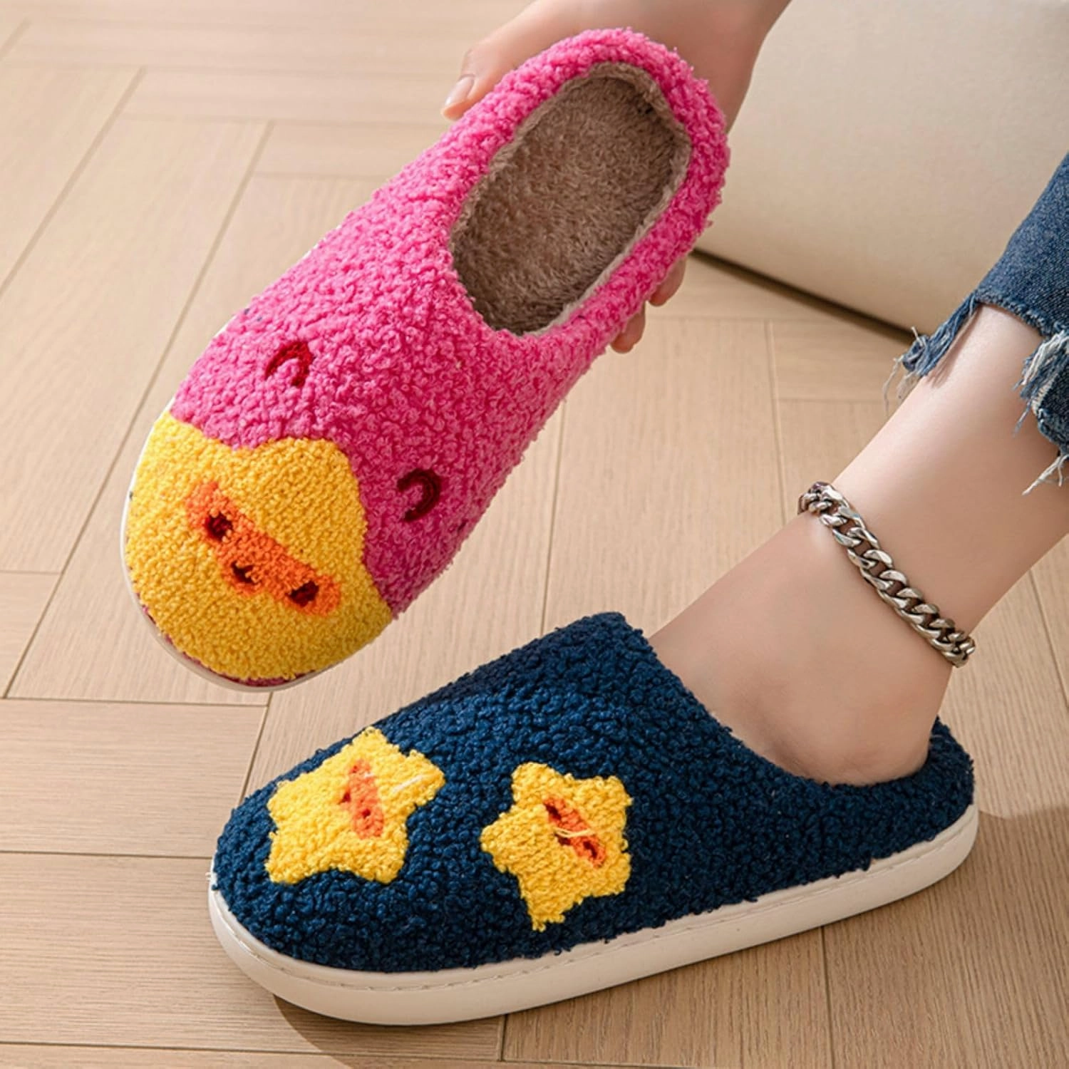 Women's Plush Heart Love Slippers - Blue Eyes Mushroom Cat Ears Retro Memory Foam Soft Plush Home Shoes