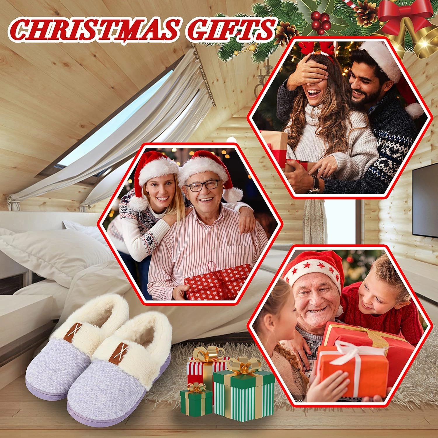 Women Slippers Comfy House Winter Slippers with Faux Fur Lining Memory Foam Anti-Skid Rubber Sole Fluffy Shoes Indoor Outdoor