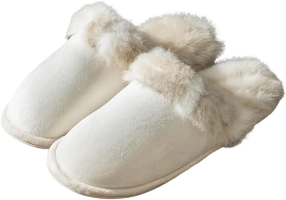 Women's and Men's Artificial Fluffy Slippers, Couple Plush Memory Foam Slippers, Ladies Warm Slip on Slippers with Faux Fur Lining, Winter Non-Slip Indoor House Shoes