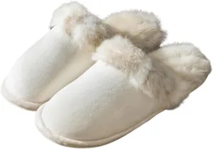 Women's and Men's Artificial Fluffy Slippers, Couple Plush Memory Foam Slippers, Ladies Warm Slip on Slippers with Faux Fur Lining, Winter Non-Slip Indoor House Shoes