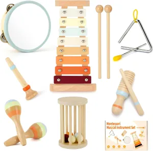 Wooden Musical Instruments Toys, Baby Musical Wooden Toys for Toddlers Kids Over 3 Year Old, 7 Pcs Neutral Colors Percussion Instruments Set, Girls Christmas Birthday Gifts for Boys and Girls