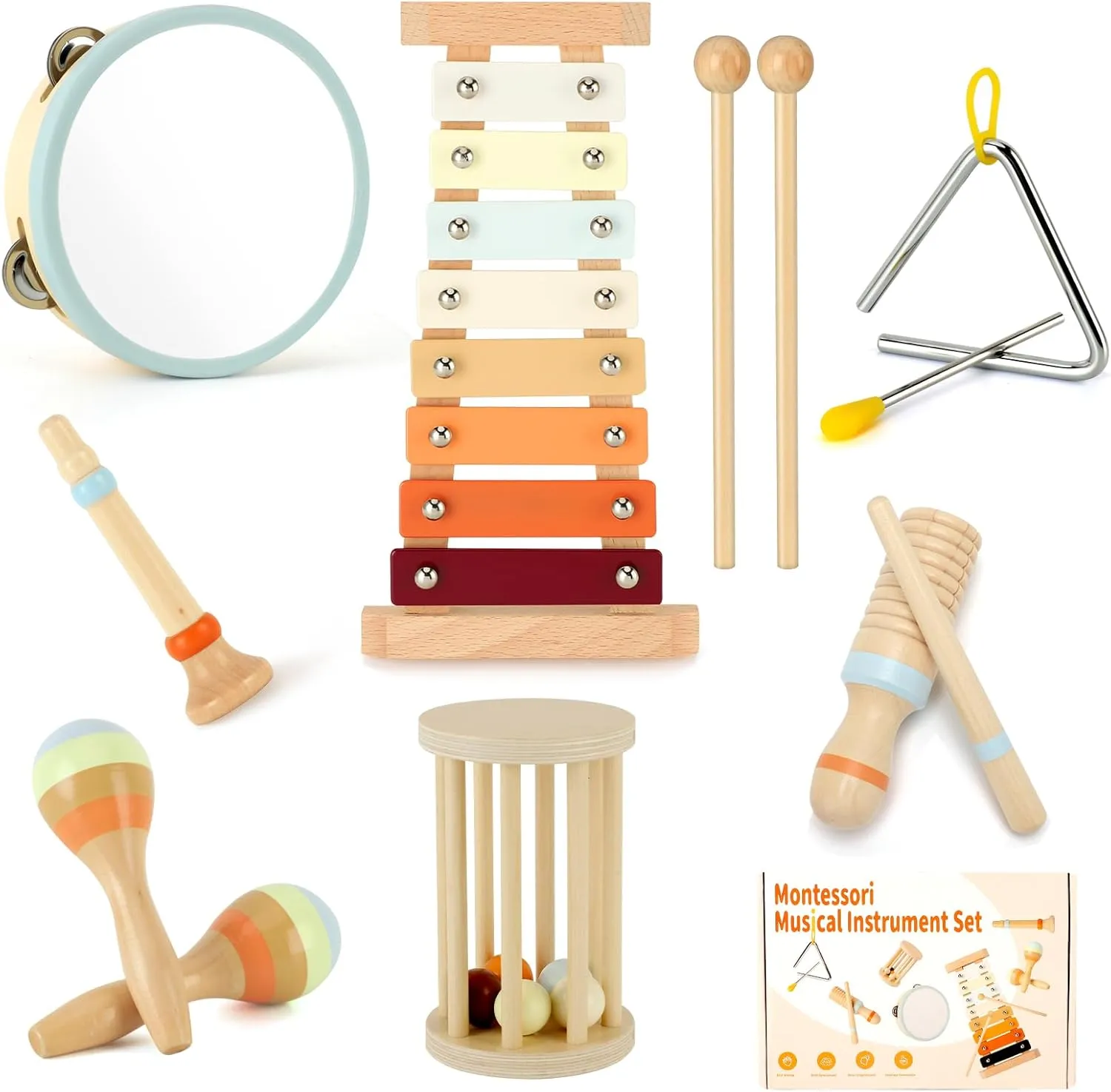Wooden Musical Instruments Toys, Baby Musical Wooden Toys for Toddlers Kids Over 3 Year Old, 7 Pcs Neutral Colors Percussion Instruments Set, Girls Christmas Birthday Gifts for Boys and Girls