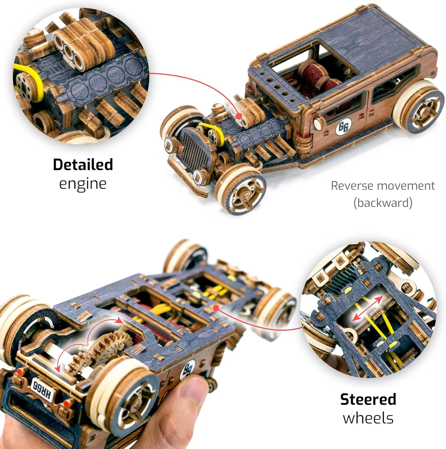 WOODEN.CITY Engineering DIY Wooden Model to Built - Model Car Kits - Premium 3D Wooden Puzzles for Adults - Detailed Model Kits for Enthusiasts and Collectors (Model Hot Rod Car Puzzle)