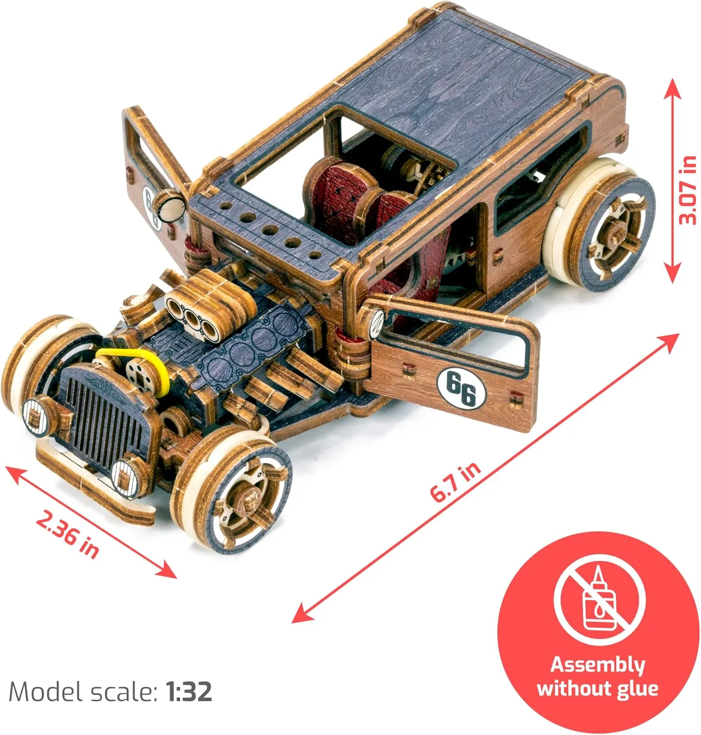 WOODEN.CITY Engineering DIY Wooden Model to Built - Model Car Kits - Premium 3D Wooden Puzzles for Adults - Detailed Model Kits for Enthusiasts and Collectors (Model Hot Rod Car Puzzle)