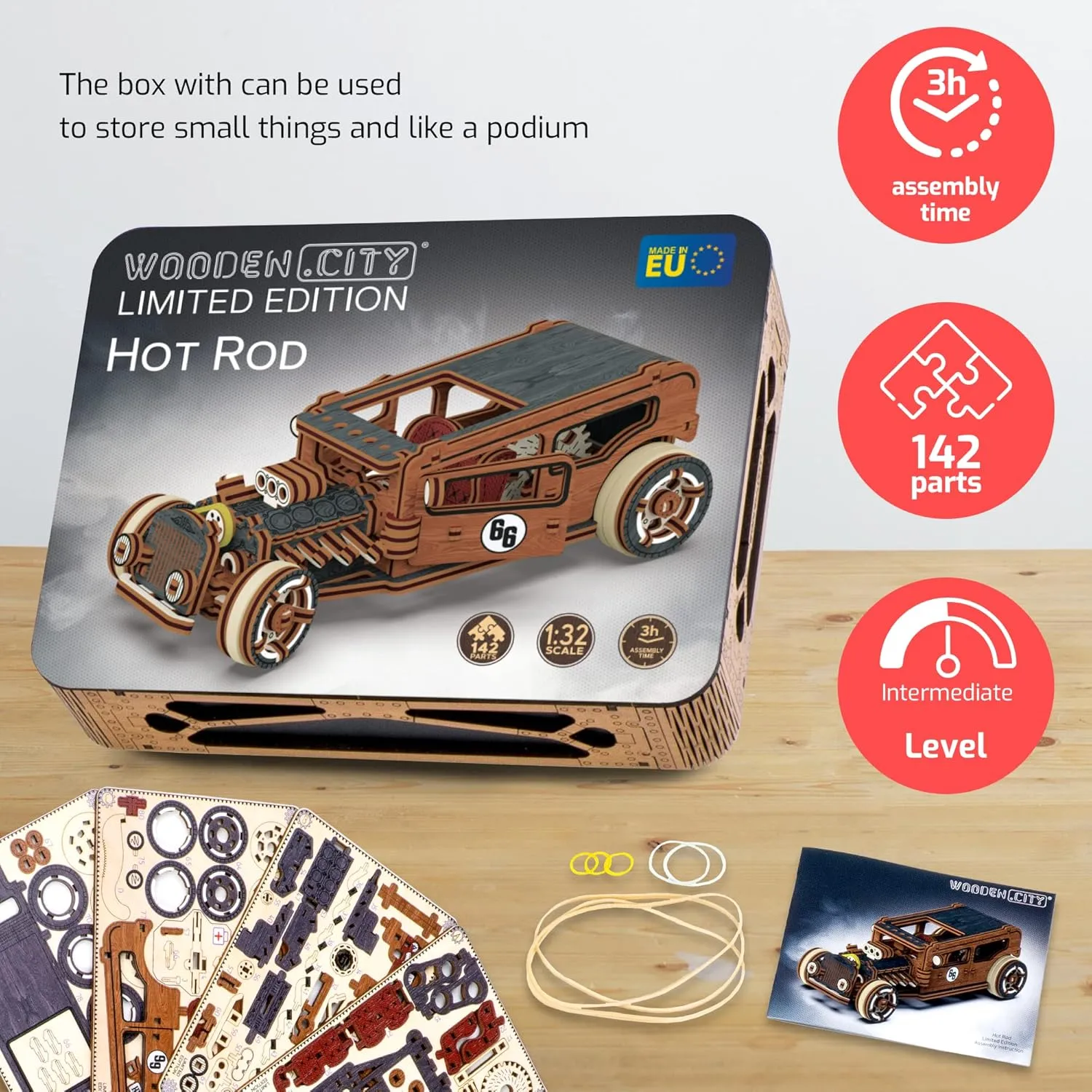 WOODEN.CITY Engineering DIY Wooden Model to Built - Model Car Kits - Premium 3D Wooden Puzzles for Adults - Detailed Model Kits for Enthusiasts and Collectors (Model Hot Rod Car Puzzle)