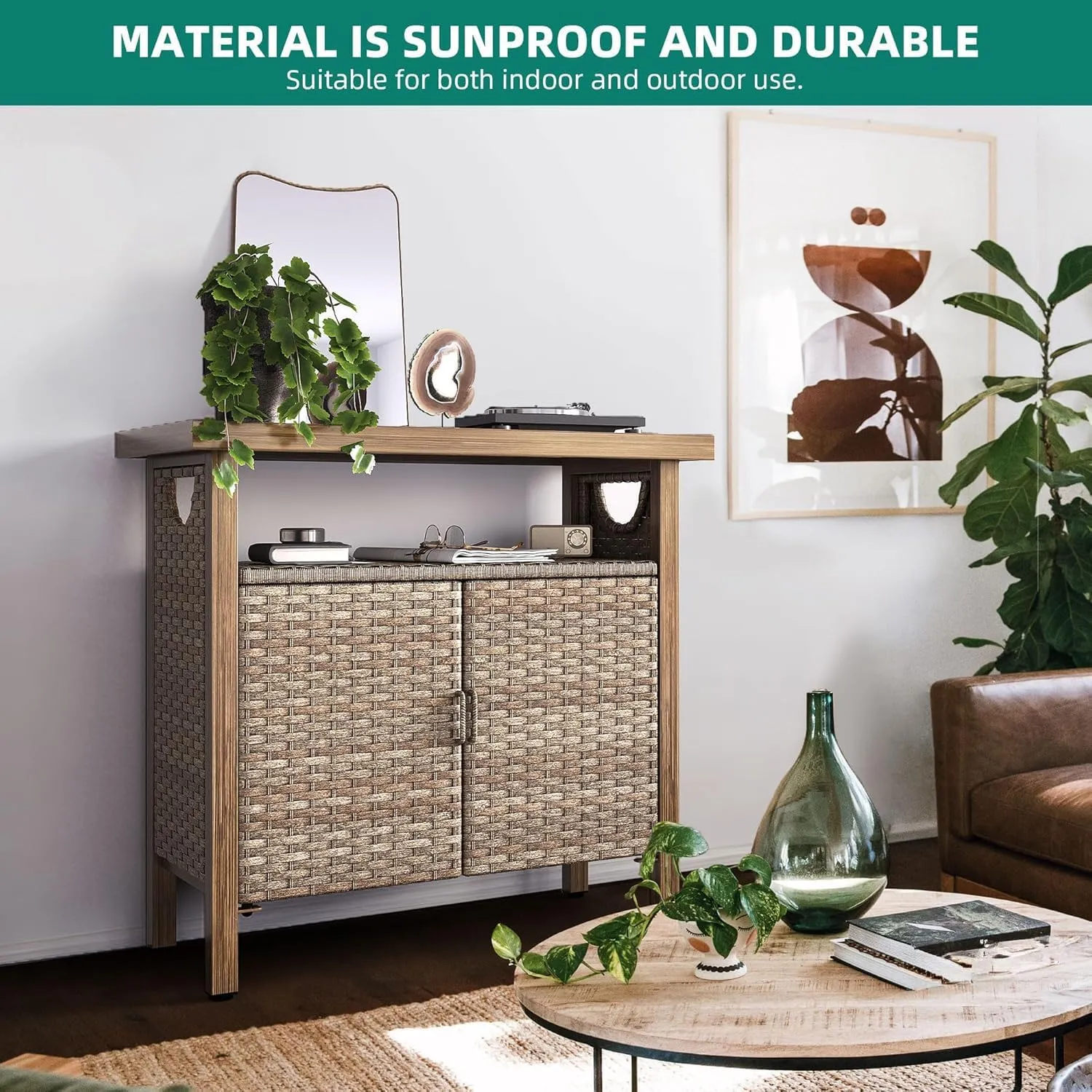 YITAHOME Outdoor Storage Cabinet, Patio Bar Table with Two Doors and Shelves, Weatherproof Wicker Storage Console Table for Outdoor Cushions, Pool Tool and Garden Potting - Brown