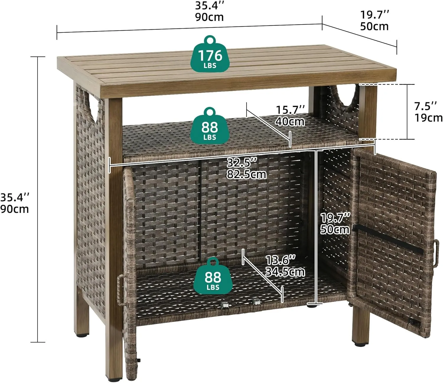 YITAHOME Outdoor Storage Cabinet, Patio Bar Table with Two Doors and Shelves, Weatherproof Wicker Storage Console Table for Outdoor Cushions, Pool Tool and Garden Potting - Brown