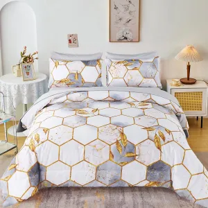 ZRNBAST 7 Pcs Light Grey Full Size Comforter Sets Honeycomb All Season White Bedding Sets Full with Gold Trim Print Hexagon 100% Microfiber Lightweight Bed in A Bag (White, Full)